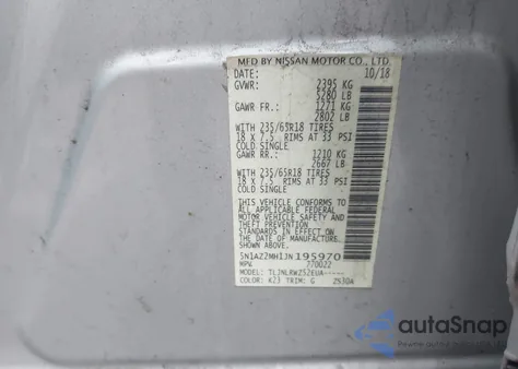 2018 Nissan Murano Sl из США, поврежденный, VIN 5N1AZ2MH1JN195970